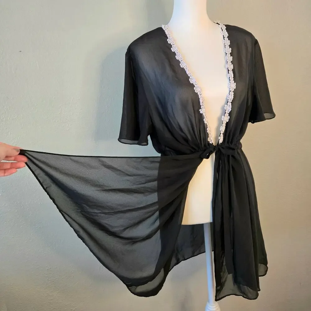 Fairycore Delicate Sheer Kimono Robe Topper Large Black Floral Detail Flowy